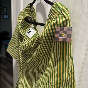 Dressed in LALA Green and Yellow Striped Button Down Shirt